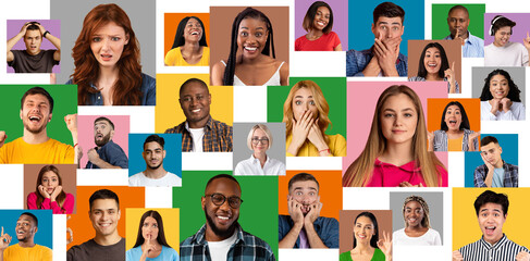 Headshots of sad, pensive, cheerful and shocked millennial international people expresses emotions