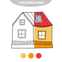 Simple Coloring Page. Black And White Illustration Of A House. Vector On White. Half Painted Picture With Color Samples