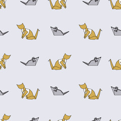 Wall Mural - Vector White Origami Cats with Mouse seamless background pattern