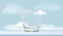 Studio Room With Snow Globe And Fluffy Cloud On Blue Sky Background,Vector Illustration. Empty Crystal 3d Sphere. Transparent Magic Glass Ball For Merry Christmas,New Year Or Spring And Summer Sale