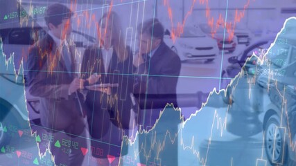 Poster - Animation of statistics and financial data processing over business people and auctioneer's hammer