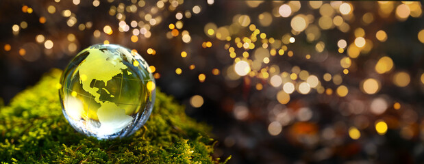 Green glass earth globe ball with continent usa america, canada and green moos in forest conservation, golden chain fairy lights - sustainable, ecology environment background. Christmas new year 2025.