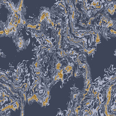 Navy blue yellow marbled seamless texture. Irregular color ink blotched paint effect background. Marble irregular swirl allover print. Modern trendy wallpaper tile