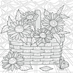 Basket with camomiles. Flowers.Coloring book antistress for children and adults. Illustration isolated on white background.Zen-tangle style. Hand draw