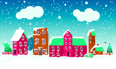  Winter Houses Set. Cozy houses with Christmas tree, bush, fir-tree in snow with clouds and a bird flying. Festive mood buildings for Christmas and New Year greetings design. Vector Illustration.