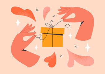 Opening gift box. Hands unwrapping colorful present packaging. Birthday surprise, Christmas celebration, holidays greeting concept. Abstract isolated vector illustration