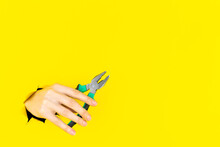 Female Hand Is Holding Tool Wire Cutters In Torn Hole Of Yellow Background. Needle Nose Or Pointy Pliers For Universal Repair And Construction. Copy Space For Text Inscription. Building Concept.