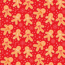 Fun Gingerbread Man Seamless Pattern  In Different Expressions With Snow On Red Background . Great For Christmas Greeting Cards,  Bakery Ads  , Gift Wrapping Paper And Textile 