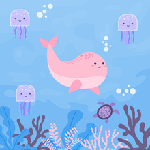 Underwater Inhabitants Concept. Beautiful Pink Whale Surrounded By Smiling Cute Jellyfish. Wild Animals With Kawaii Emotions. Design Element For Postcards, Covers. Cartoon Flat Vector Illustration