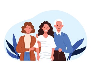 Concept of family support and care. Trusting relationship between girl and her parents. Mother and father love their child and hold his hand. Happy smiling characters. Cartoon flat vector illustration