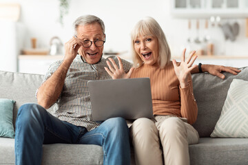 Wall Mural - Joyful Senior Couple Using Laptop Reading News Online At Home