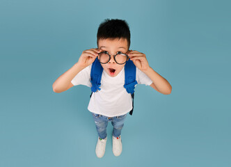 Back To School. Portrait Of Funny Excited Asian Schoolboy In Glasses