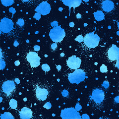Poster - Abstract seamless pattern. Splash blue color. Repeating watercolor backdrop. Background paint splatter. Grunge spray texture. Watercolour random design for prints. Repeated art brush strokes. Vector