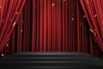 elegant classic contemporary center composition black opera stage with red silk curtain podium product display promotion marketing showcase 3d rendering 3d illustration background