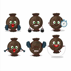 Sticker - A healthy chocolate candy wrap cartoon style trying some tools on Fitness center