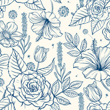 Vintage Rose Pattern Background, Blue Botanical Illustration Vector