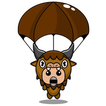 Vector Cartoon Character Cute Animal Bison Mascot Costume Wearing Parachute