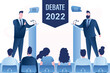 Open debates 2022 before vote. Leaders of political parties conducting intense discussion on public debates. Two male politicians debate on podium. Electorate is listening, election campaign.