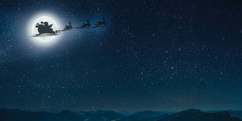 Wall Mural - silhouette of a flying goth santa claus against the background of the christmas night sky.