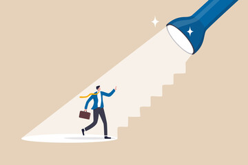 Wall Mural - Spotlight to guide career success, recruitment or HR finding candidate or talent, opportunity or career growth, ladder of success concept, businessman walk up flashlight with staircase light beam.
