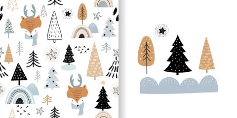 Wall Mural - christmas winter set, seamless pattern with cute foxes and greeting card, kids background, wallpaper