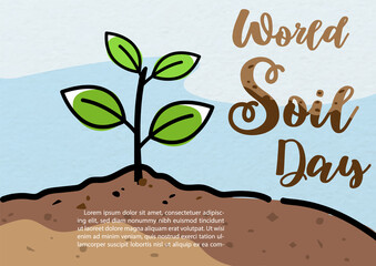 Fototapete - Image of small plant growing in a soil and world soil day letters in flat style on blue paper pattern background. Card and poster's campaign of world soil day in vector design.
