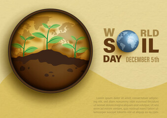 Poster - Small plants growing in a soil and dark brown circle frame with wording design of world soil day and example texts on yellow paper pattern background. Poster's campaign of world soil day in vector.