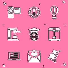 Sticker - Set Cinema camera, Head hunting, Hot air balloon, Coffee machine and cup, Graduation cap globe and icon. Vector