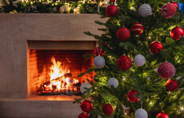 Christmas holiday home background. Warm cozy burning fireplace and Xmas tree decoration