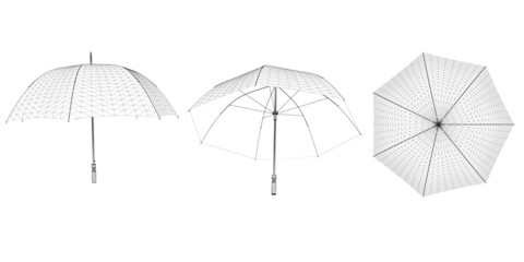Poster - Set with umbrella wireframes from black lines isolated on white background. Top, side, bottom view. 3D. Vector illustration