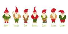 Seven Gnomes From A Fairy Tale On A White Background. Snow White And The Seven Gnomes. Collection Of Fairy Gnomes. Vector Flat Illustration Of Christmas Gnomes. EPS 10.