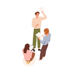 Aufkleber - Happy employee discussing good news and ideas with colleagues. Enthusiastic office worker offering smth, sharing business document with partners. Flat vector illustration isolated on white background