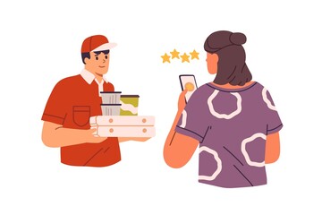 Aufkleber - Courier with delivered pizza boxes and customer with phone ranking delivery service and leaving feedback about work of deliveryman in app. Flat vector illustration isolated on white background