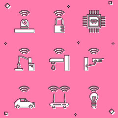 Sticker - Set Smart security camera, safe combination lock, Processor with microcircuits CPU, Robotic robot arm hand factory, water tap, car system wireless and Router wi-fi signal icon. Vector