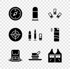 Sticker - Set Compass, Bullet, Cartridges, Hiking backpack, Hunter hat with feather, Hunting jacket, Target sport and and cartridge icon. Vector