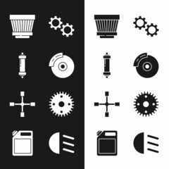 Poster - Set Car brake disk with caliper, Shock absorber, air filter, Gear, Wheel wrench, High beam and Canister for gasoline icon. Vector