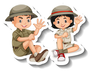 Wall Mural - Couple kids wear safari outfit cartoon character sticker