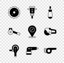 Wall Mural - Set Circular saw blade, Construction jackhammer, Screwdriver, Angle grinder, Electric sander, Leaf garden blower, and icon. Vector