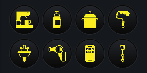 Sticker - Set Washbasin, Paint roller brush, Hair dryer, Mobile Apps, Cooking pot, Antibacterial soap, Spatula and Coffee machine icon. Vector