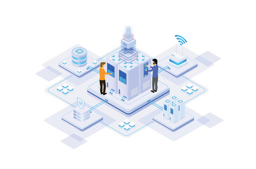 data center or server room processing data operation with security protection and maintenance with isometric design style - vector	