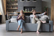 © Justlight - Modern husband and wife relaxing couch together posing taking selfie watching entertainment video show on smartphone. Trendy man and woman enjoying digital display technology time for yourself weekend