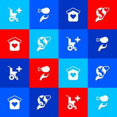 Sticker - Set Wheelchair for disabled person, Donation food, Shelter homeless and Hand holding Earth globe icon. Vector