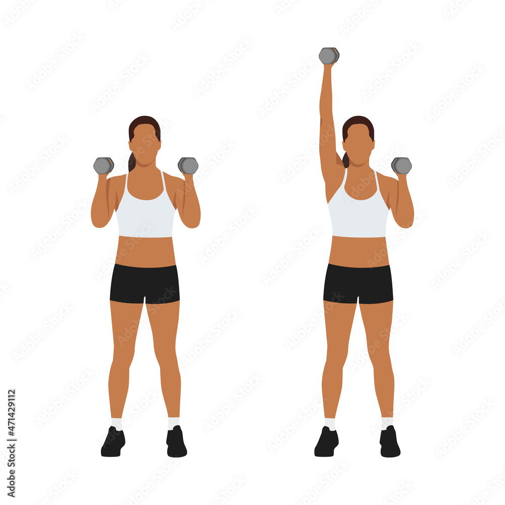 Woman doing Single arm dumbbell overhead shoulder press exercise. Flat ...