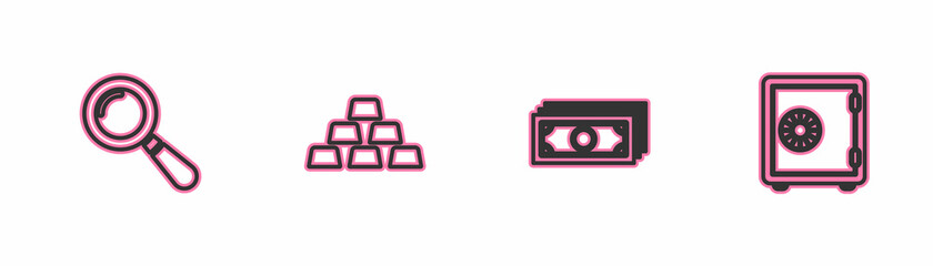 Poster - Set line Magnifying glass, Stacks paper money cash, Gold bars and Safe icon. Vector