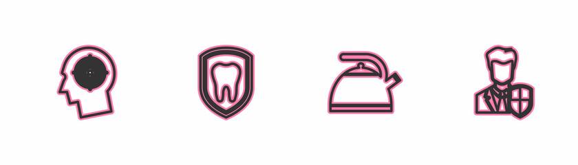 Sticker - Set line Head hunting concept, Kettle with handle, Dental protection and User icon. Vector