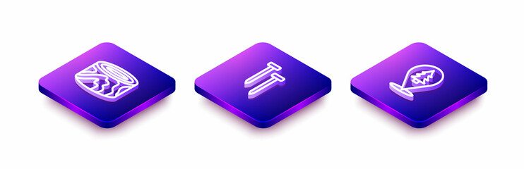 Set Isometric line Wooden logs, Metallic nails and Location of the forest icon. Vector