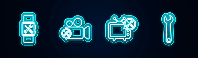 Sticker - Set line Smartwatch service, Video camera, Tv and Wrench. Glowing neon icon. Vector