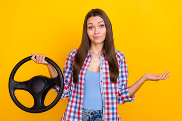 Sticker - Photo of clueless driver lady prepare achieve license hold steering wheel wear plaid shirt isolated yellow color background