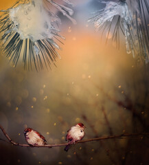 Wall Mural - The fabulous atmosphere of the photo. Sparrow birds on a branch among coniferous branches and sparkling snowflakes.