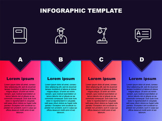 Sticker - Set line Book, Graduate and graduation cap, Table lamp and Speech bubbles with Answer. Business infographic template. Vector